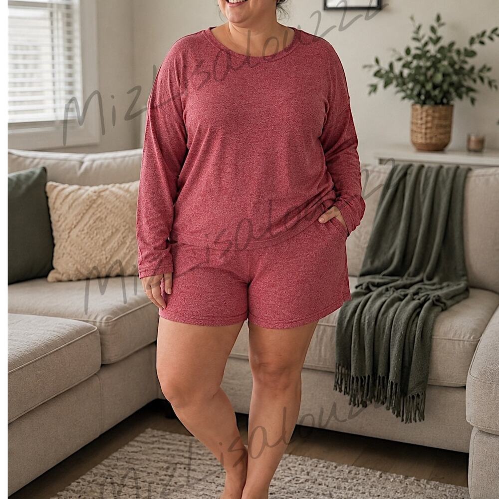 Zenana 2 Piece Hacci Knit Lounge Set Red Long Sleeve Top Shorts Size 2X New
